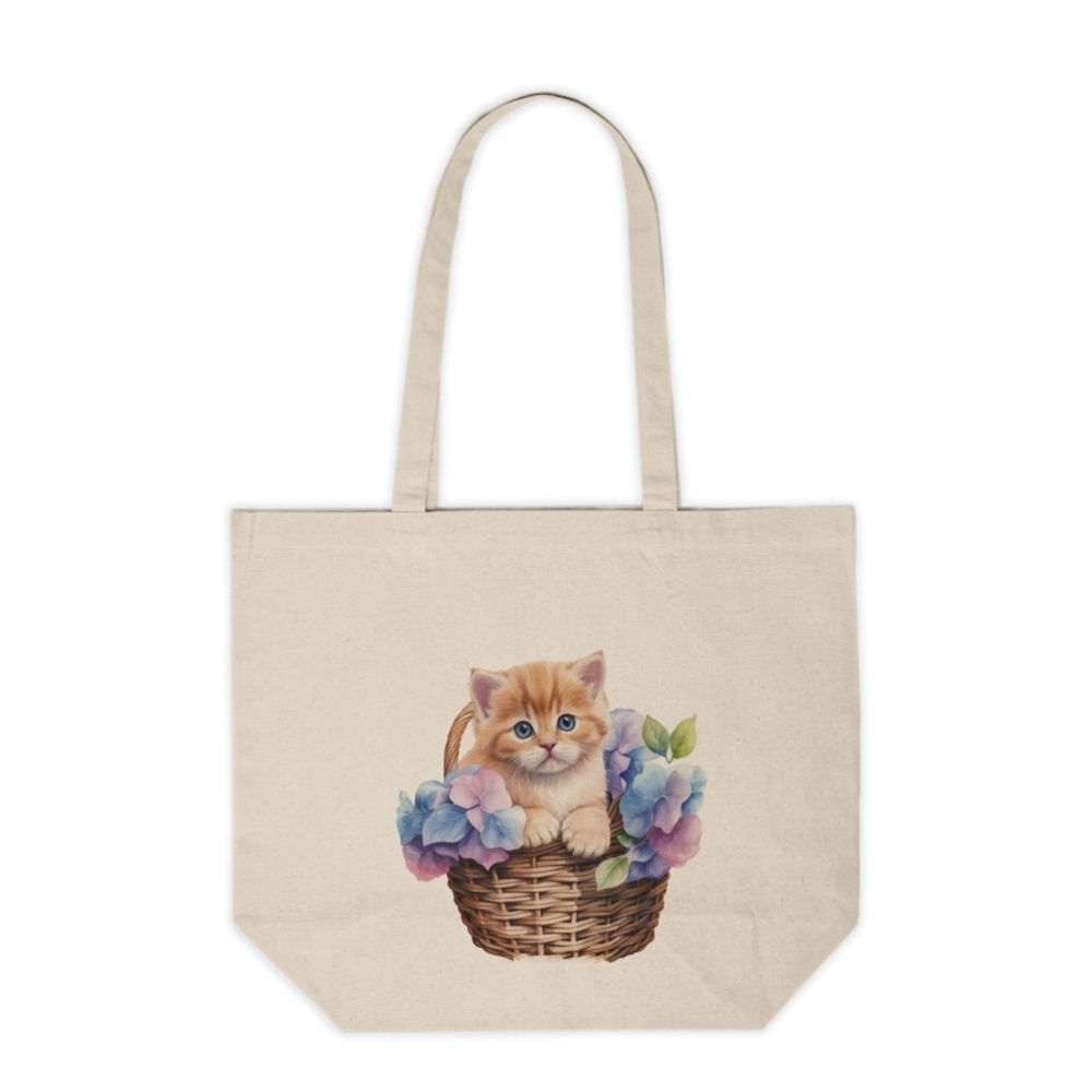 Floral Cat In A Basket Custom Canvas Tote Bag